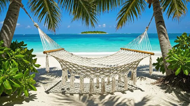 Luxurious white hammock swinging gently on a perfect tropical paradise beach with turquoise ocean water and a lush green island on the horizon, symbolizing ultimate summer vacation and relaxation.