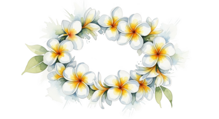 Watercolor white plumeria flowers with yellow centers arranged in a circular wreath on black background