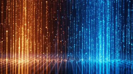 Glowing orange and blue digital light lines falling vertically over a dark grid surface in a futuristic abstract background - Powered by Adobe