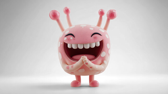  giggling cartoon-style raspberry alien with squished cheeks and big white teeth showing