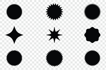Black Starburst Sparkle Icons Set, Minimalist Y2K Geometric Star Shapes, Vector Retro Sunburst Symbols, Trendy Bold Graphic Design Elements for Logo
