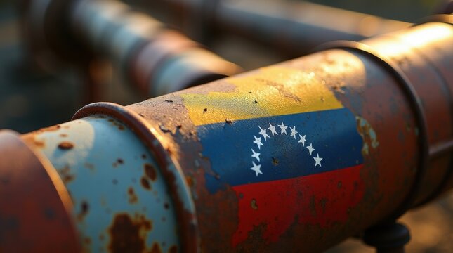 Oleoducto con bandera venezolana reflejada en superficie met&aacute;lica
