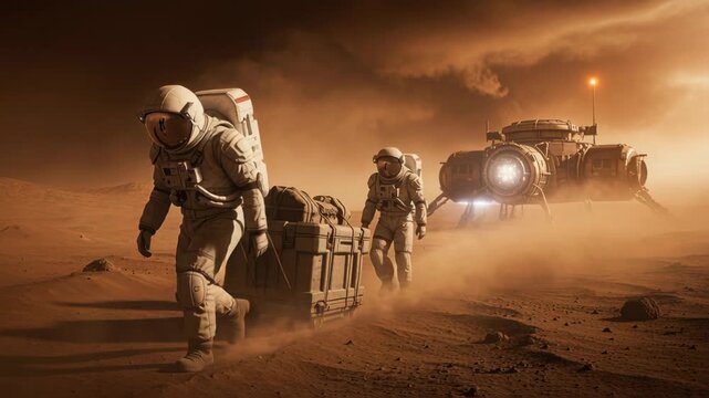 Astronauts hauling cargo crates across a dusty red planet surface toward a futuristic exploration lander in a violent sandstorm