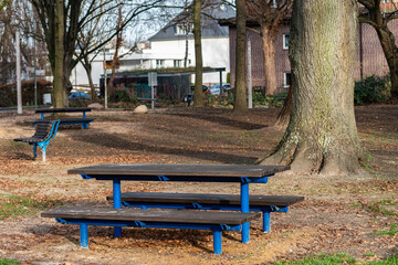 Picnic area with wooden tables and trees in a park setting