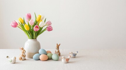 A delightful easter scene featuring colorful tulips, pastel eggs, and charming bunny decorations