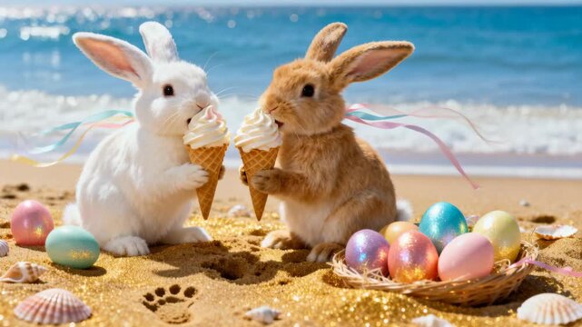 Adorable easter bunnies sharing ice cream cones on sandy beach with colorful eggs, seashells, and ocean waves in sunshine