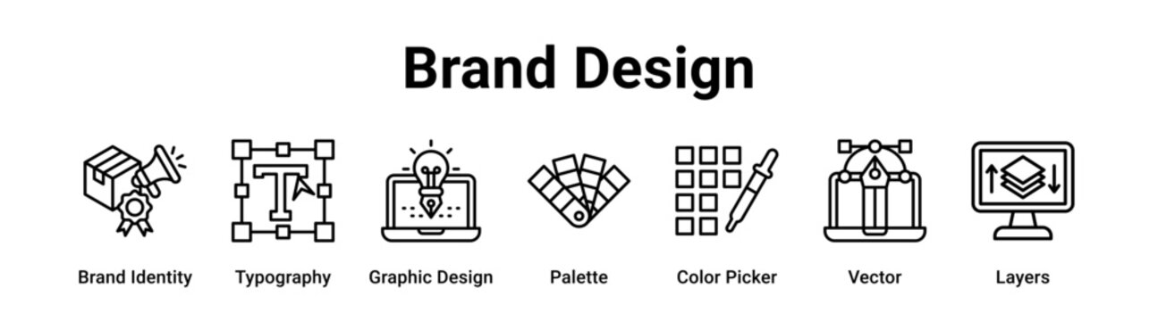 Brand Design web banner icon vector illustration concept for education with icon of Brand Identity, Typography, Graphic Design, Palette, Color Picker.