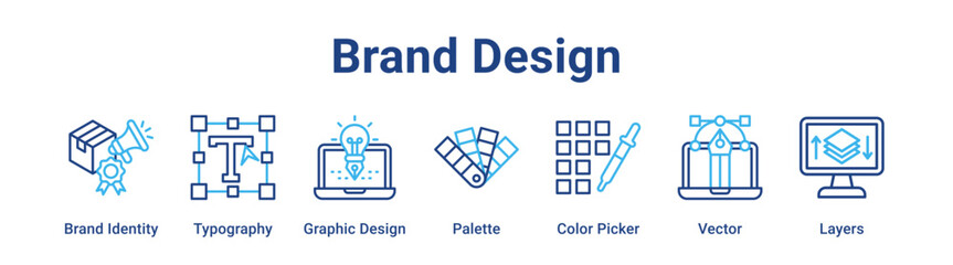 Brand Design web banner icon vector illustration concept for education with icon of Brand Identity, Typography, Graphic Design, Palette, Color Picker.