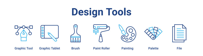 Design Tools web banner icon vector illustration concept for education with icon of Graphic Tool, Graphic Tablet, Brush, Paint Roller, Painting.