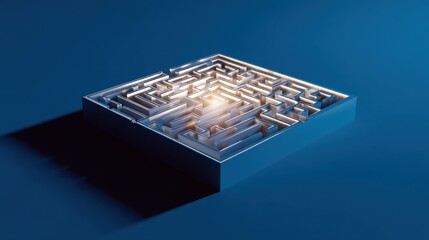Illuminated maze on blue background symbolizing challenges and solutions in business strategy, Brain Teaser Month