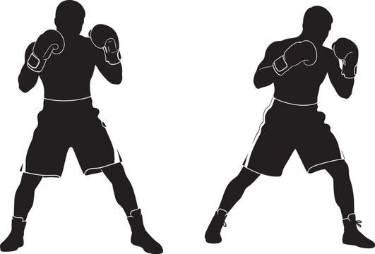 Two boxers in fighting stance with gloves in silhouette