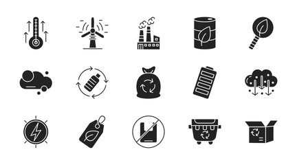 Green energy thin line icon set. Containing high temp, windmill, factory, bio fuel, green search