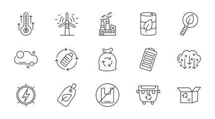 Green energy thin line icon set. Containing high temp, windmill, factory, bio fuel, green search
