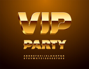 Vector Golden emblem Vip Party. Modern Premium 3D Font. Luxury set of Chic Alphabet Letters and Numbers.