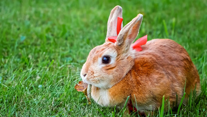 Fototapeta premium Cute Easter bunny. Red rabbit wearing a red ribbon bow on its head, looking at camera sitting still outdoors on green grass background. Farm animal. Mockup design of business card. Religion holiday.