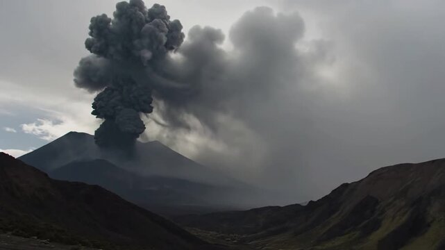 Dynamic wide shot capturing the powerful upward thrust of the ash plume, contrasting with the rugged, uninhabited terrain of the volcanic region below, highlighting geological forces.