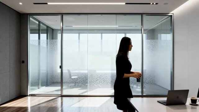 Switchable glass partition in a stylish conference room instantly changing opacity to create private spaces highlighting innovative architectural solutions.