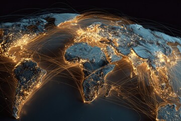 An illuminated globe showcases global connections with glowing lines over the continents