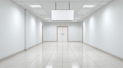 Obraz premium Bright and Spacious Office Hallway with White Walls and Blank Hanging Sign Above Double Doors