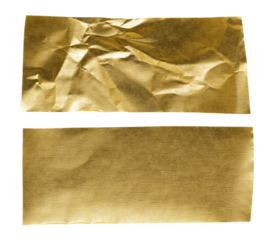 Golden aluminum crumpled and flat foil isolated on white, background and texture, clipping path