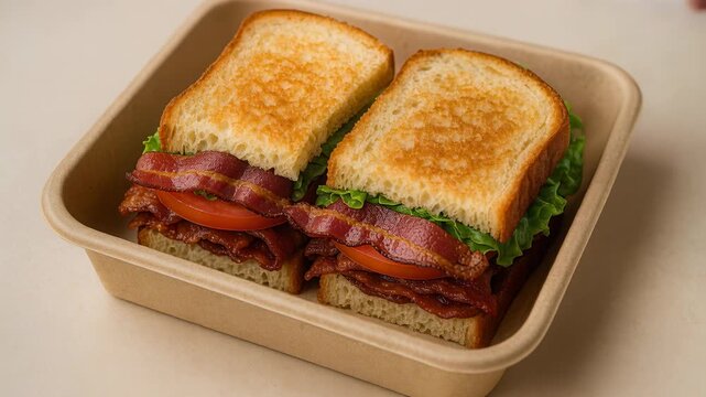 Hands arranging crispy bacon lettuce tomato sandwiches in compostable takeout container on neutral kitchen countertop surface