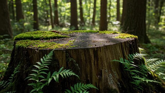 Moss covered tree stump surrounded by ferns in tranquil forest woodland with soft natural light and lush green undergrowth