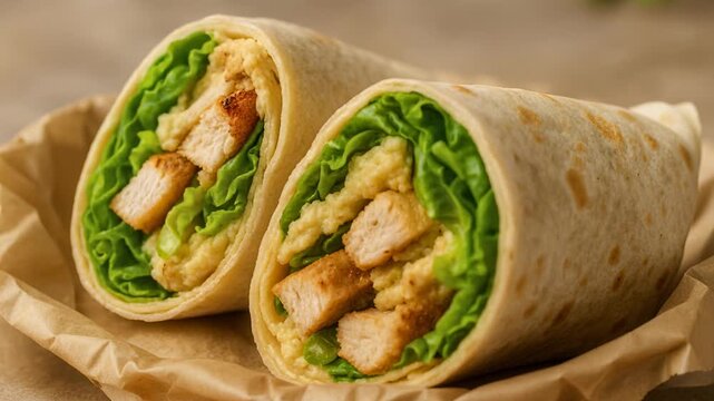 Grilled chicken hummus wrap with fresh lettuce leaves cut in half on parchment paper for a healthy balanced lunch meal