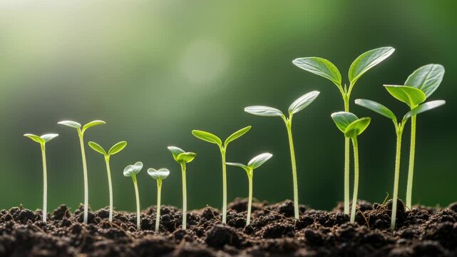 Young green seedlings emerging from rich soil in a row, symbolizing growth, development, and new beginnings in nature