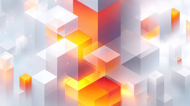 Abstract geometric composition of translucent cubes and blocks with warm gradient tones in a soft cloudy background, perfect for modern design projects