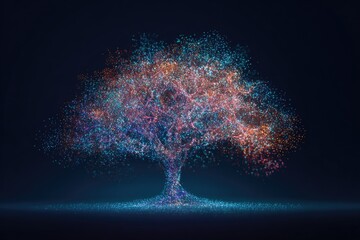 Digital art featuring a tree composed of colorful floating particles, dark backdrop