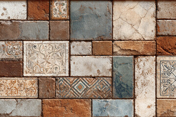 textured mosaic wall with antique carved stone tiles and geometric patterns