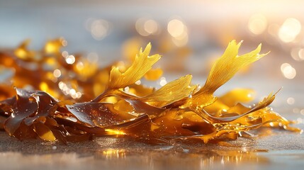 Vibrant golden brown wet seaweed leaves on a sandy beach shore, glowing in warm sunlight with sparkling water droplets and blurred bokeh background during sunset.