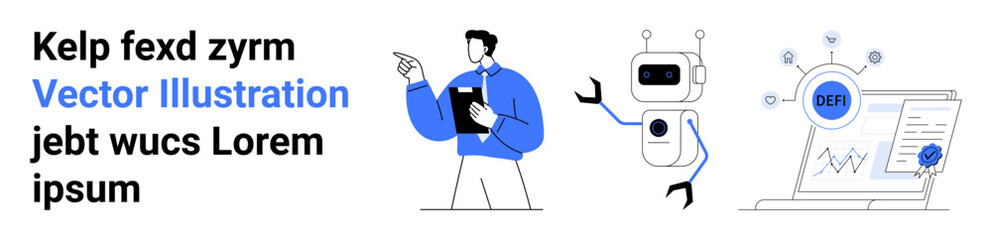 Digital marketing, technology, AI tools, online education, SEO, business innovation. Person with clipboard, robot laptop SEO interface. Digital marketing and technology concepts