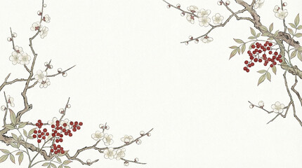 水彩画の白梅と赤い実の和風フレーム　新春の背景素材