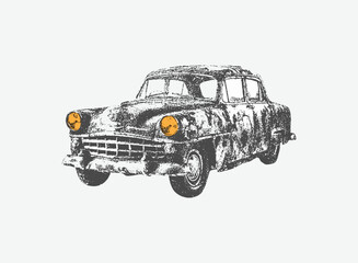 Close-up of turquoise vintage car body with peeling paint and rust texture, Large Grain Photocopy Effect