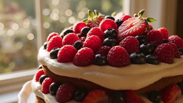 Delicious layered cake topped with fresh strawberries and berries, showcased in a sunlit kitchen