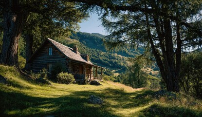 A rustic wooden cabin nestled in lush greenery, mountains in the distance