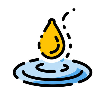 Yellow drop falling into blue water puddle icon