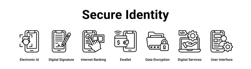 Secure Identity web banner icon vector illustration concept for technology with icon of Electronic Id, Digital Signature, Internet Banking, Ewallet, Data Encryption, Digital Services.