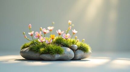 Delicate flowers blooming on mossy rocks