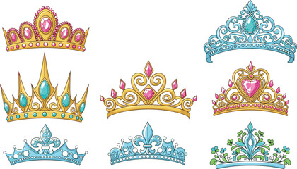 Decorative royal crown and tiara vector set with jeweled ornate designs for princess and queen illustrations isolated © Mostafijur
