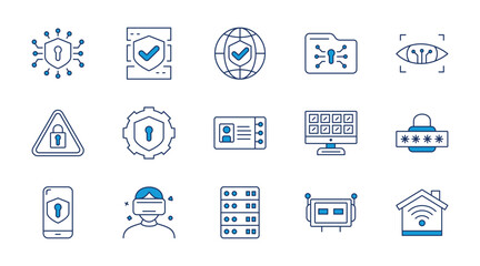 Technology AI thin line icon set. Containing tech shield, data protect, vpn shield, file protection, eye scanning