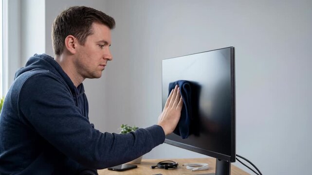 Man cleaning computer monitor screen with microfiber cloth at home workspace for maintenance and dust removal