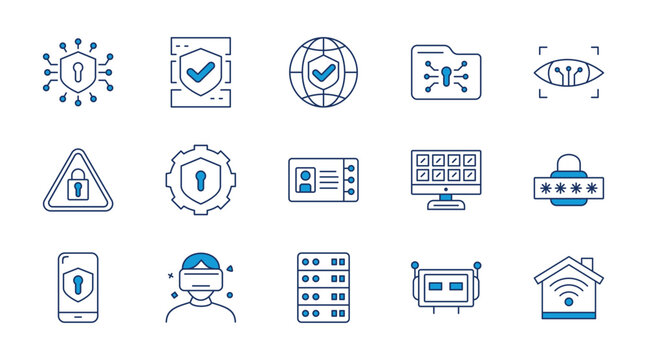 Technology AI thin line icon set. Containing tech shield, data protect, vpn shield, file protection, eye scanning
