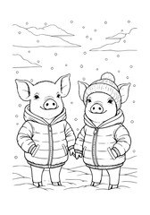 piglets in down jackets. coloring book