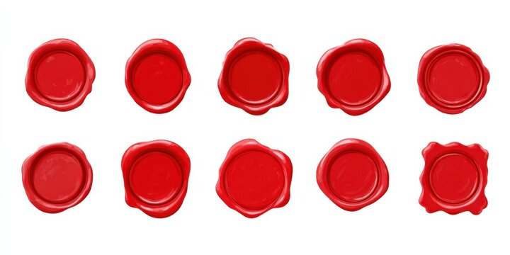 Collection of ten red wax seals in various shapes on white background