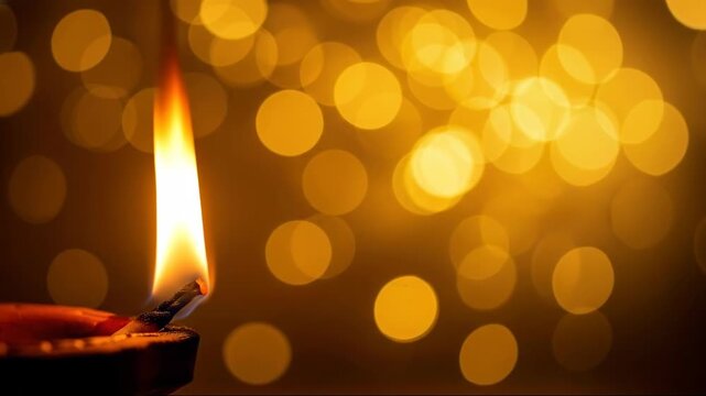burning clay diya lamp with flame against golden bokeh background. traditional indian deepavali festival celebration. spiritual holiday decoration. greeting card with copyspace.