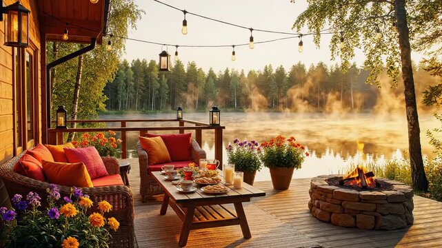 Luxurious log cabin patio overlooking misty lake at sunrise with cozy outdoor furniture, breakfast table, warm fire pit, and string lights decor.