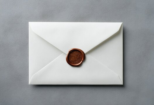 Sealed white envelope with wax seal on gray background