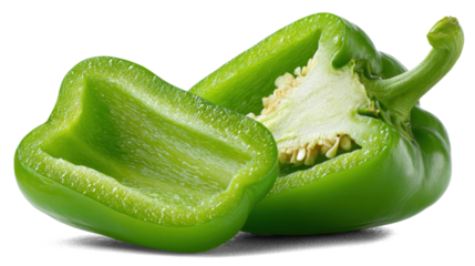 Sweet green bell pepper with slice on white background